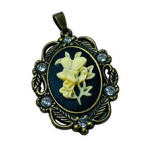 Cameo Pendant Butterfly on Flowers Antique Gold Color Metal Rhinestone Accents
